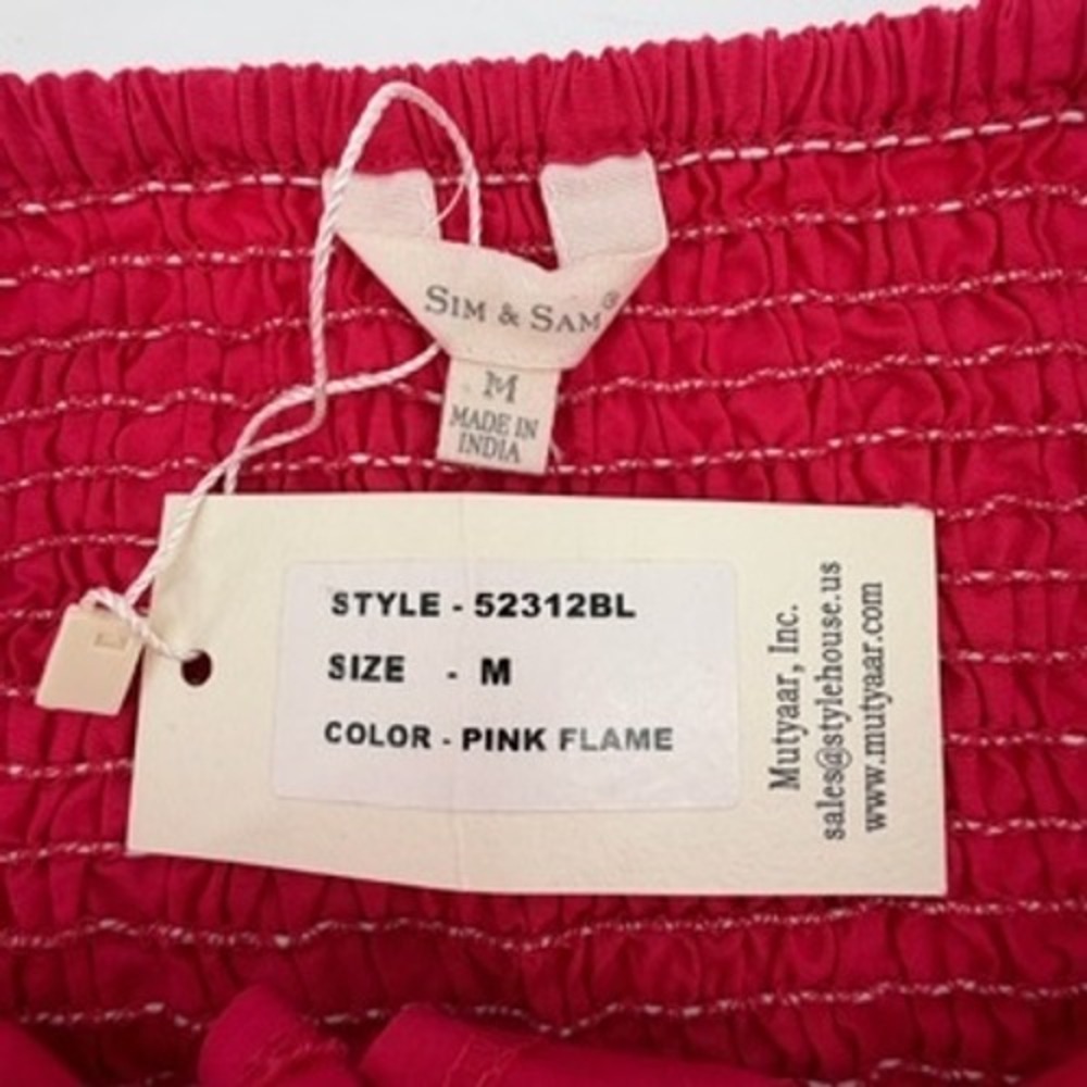 Sim & Sam Womens Pink Flame Pleated Puff Sleeve Smocked Crop Top 52312BL M NEW - Picture 4 of 8